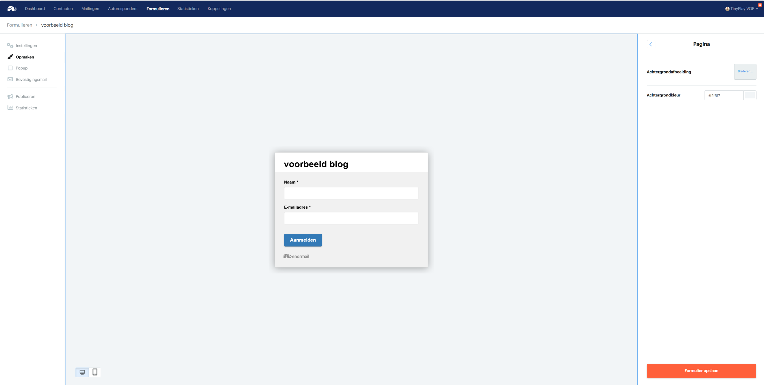 Interface van Enormail voor het aanmaken van een formulier